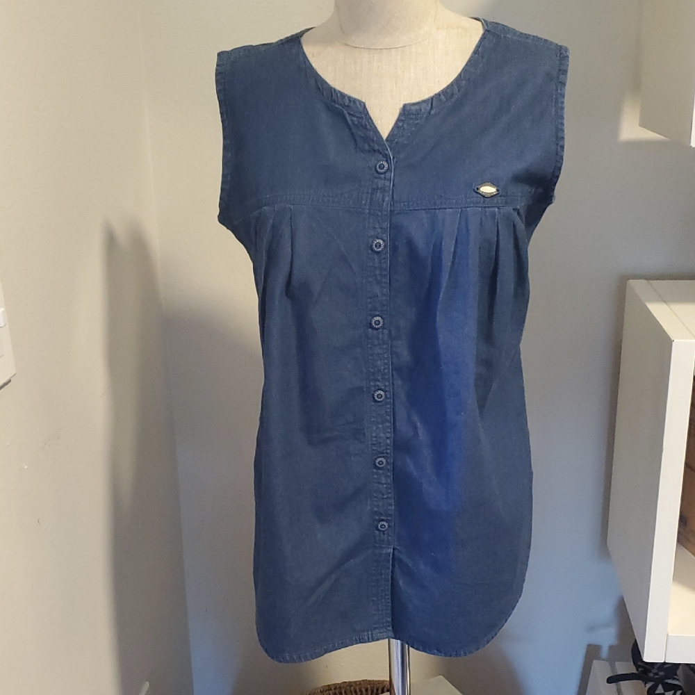 LF LA FILLE, Blue Sleeveless Button-Down Shirtl Size 24/L